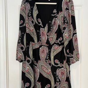 DR2 Black Paisley Long Sleeve Surplice Dress with Red and Cream Accents